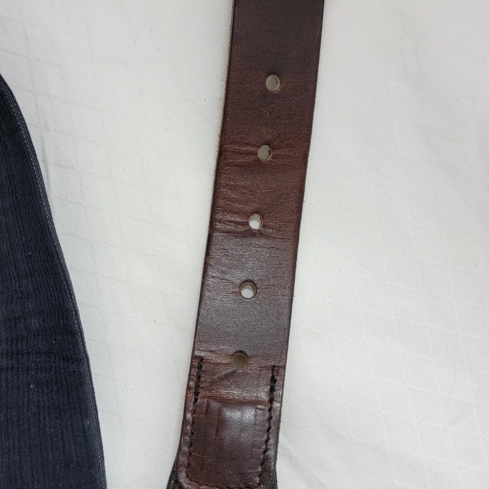 Mens Navy Blue Corduroy Brown Leather Inlay Belt Solid Brass Buckle Casual 34